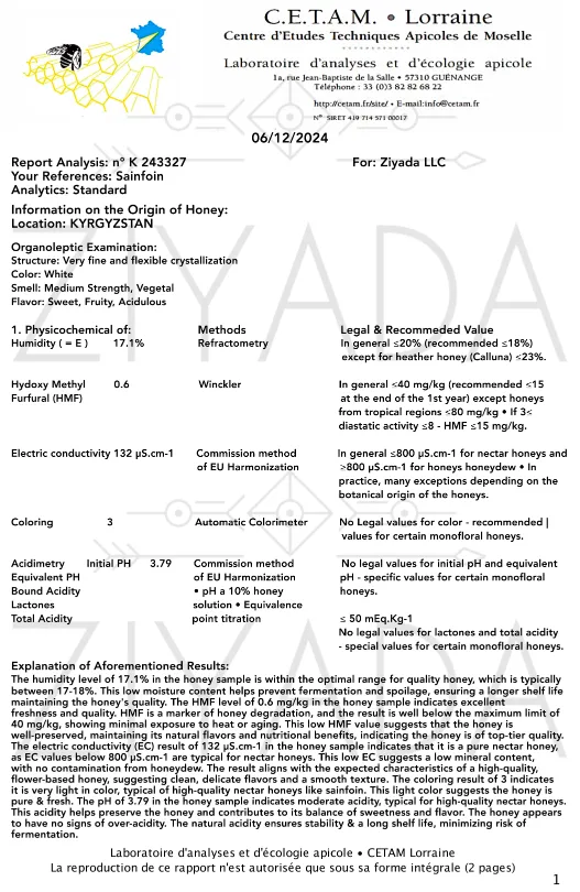 white sainfoin honey from kyrgyzstan monofloral pure nectar honey analysis with ziyada company logo