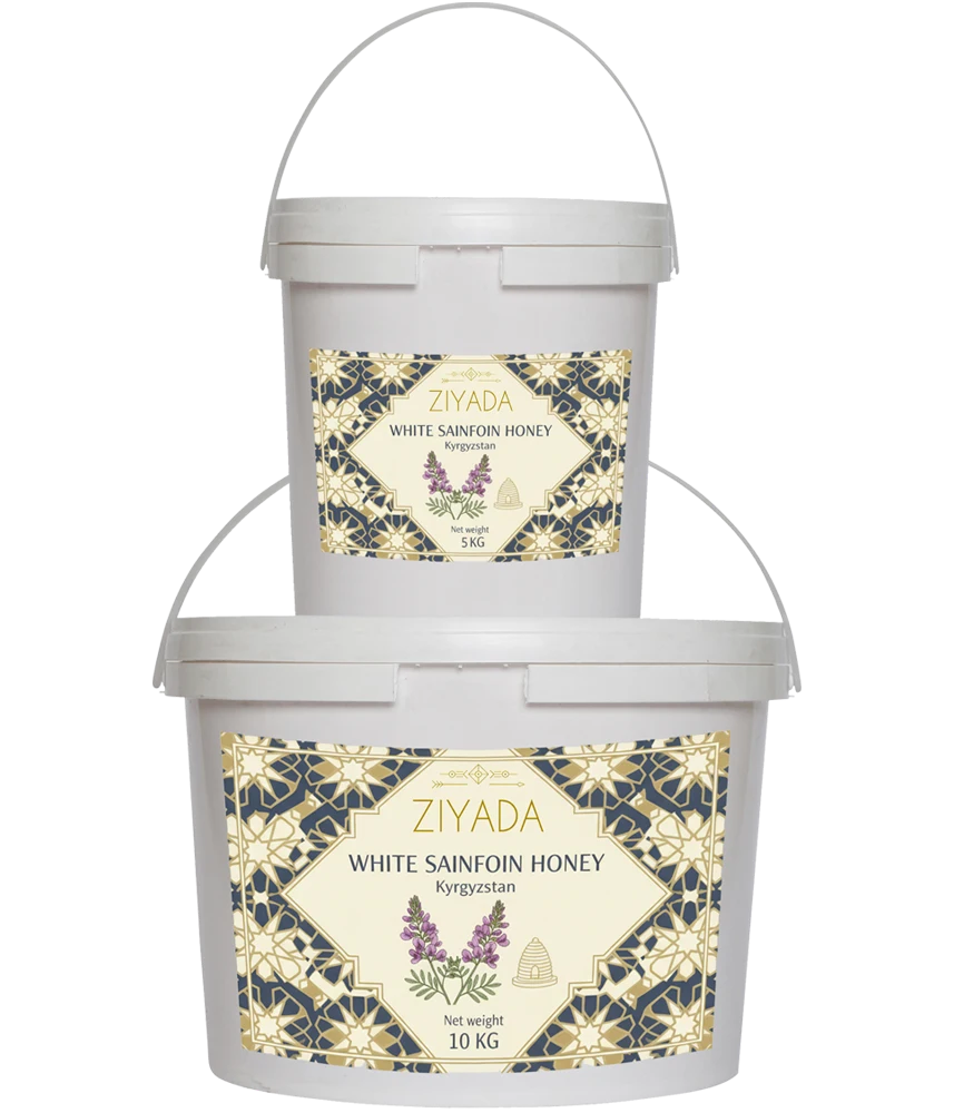 white sainfoin honey from kyrgyzstan product labels on 5kg and 10kg buckets with ziyada company logo